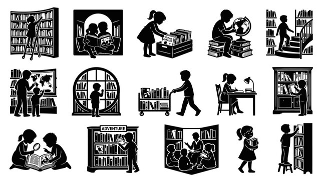 Black and White Library Icons: Children Reading, Bookshelves, Education, Learning, Stock Photos