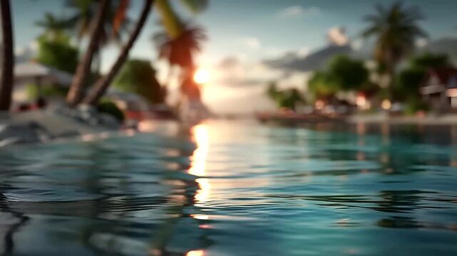 Summer hot vibe lifestyle. A vivid, highresolution photograph captures a tranquil beach scene at sunset. The main subject is a clear, turquoise pool with gentle ripples reflecting the warm.