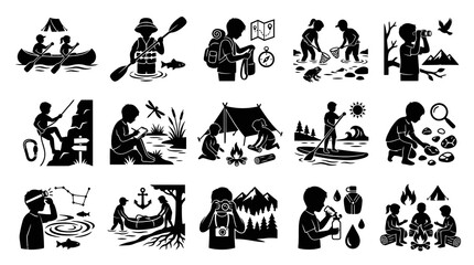 Fototapeta premium Outdoor Kids Camping Hiking Fishing Kayaking Exploring Nature Activity Vector Icons