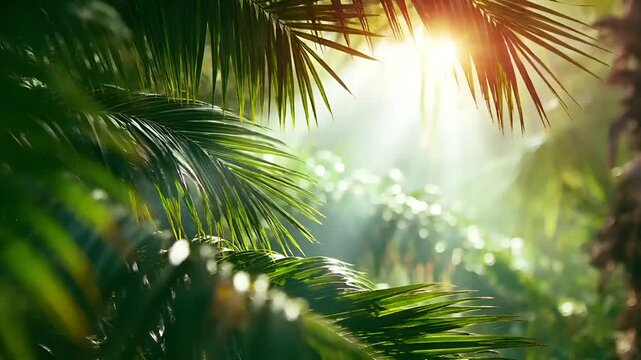 Summer hot vibe lifestyle. A vivid portrayal of a tropical forest bathed in the warm glow of the setting sun. The main subject is a closeup of lush green palm fronds.