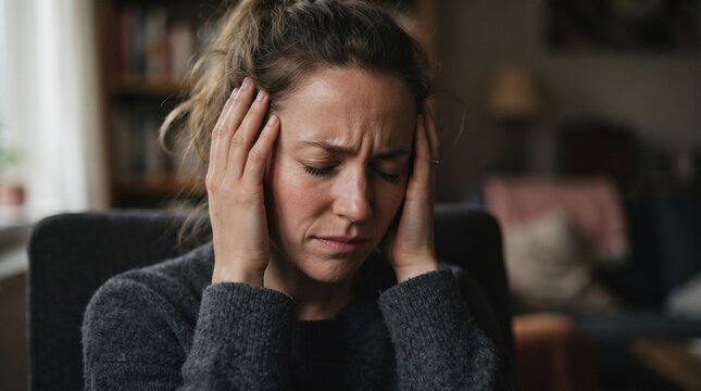 Distraught young woman suffering from a severe migraine or intense headache, pressing her temples in agony while seeking relief from overwhelming pain and stress indoors
