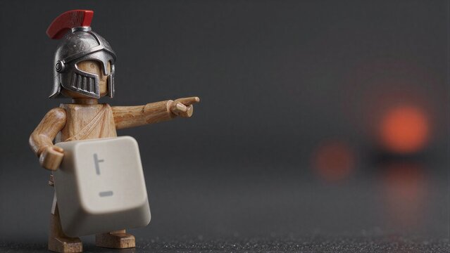 Wooden warrior with helmet points at keyboard key, hinting digital command.
