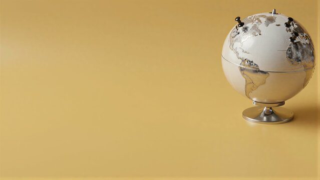 Vintage globe with pins stands alone on warm yellow background, evoking global exploration.