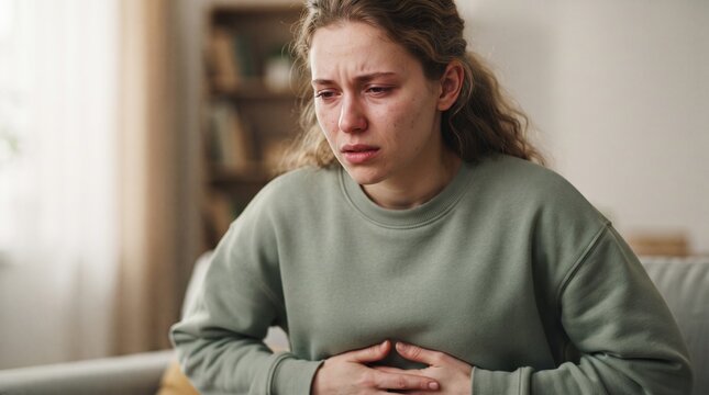 Distressed young woman crying while suffering from severe stomach ache on sofa