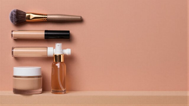 Beige shelf holds makeup tools and products against a warm-toned background.