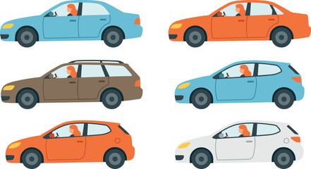 Fototapeta premium Car vector cartoon flat icon set with woman driving sedan hatchback station wagon vehicles isolated on white
