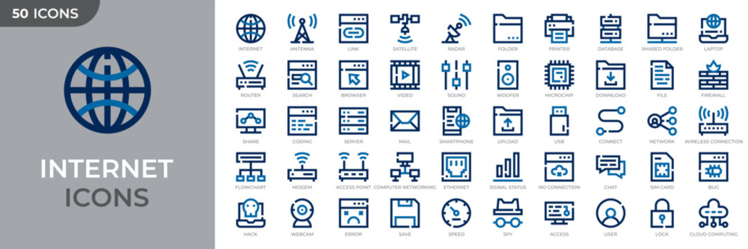 Set of 50 internet technology colored outline icons. Computer, network, website, server, and programming. IT icons for web and mobile app. Vector illustration