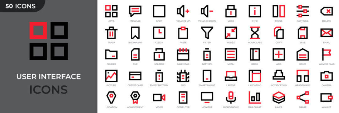 Set of 50 user interface colored outline icons. Basic ui ux icon set. UI icons kit for website. User interface essential set. Vector illustration