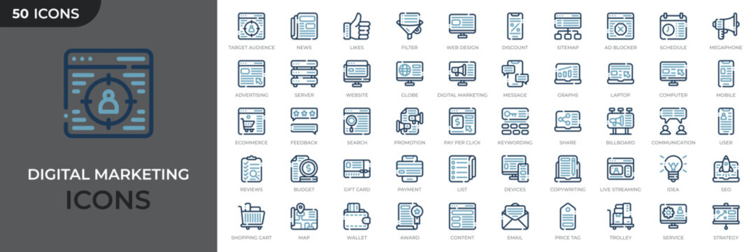 Set of 50 digital marketing colored outline icons. Marketing and advertising icon collection. Seo, website, social media and online advertising. Vector illustration
