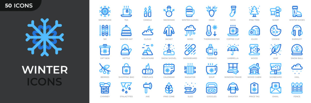 Set of 50 winter outline icons. Snow, ski, snowflake, snowman, sweater. Collection featuring winter and cold weather symbols. Vector illustration