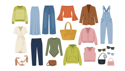 Naklejka premium Casual women fashion apparel and accessories collection vector icons set containing modern seasonal clothes flat design