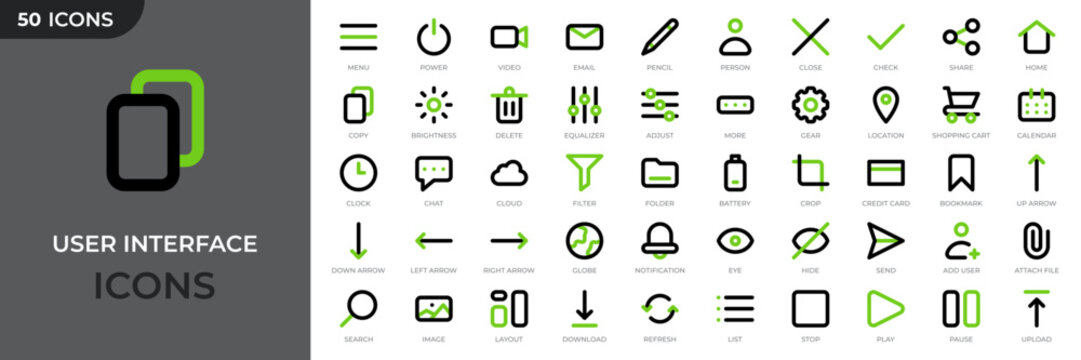 Set of 50 user interface colored outline icons. Basic ui ux icon set. UI icons kit for website. User interface essential set. Vector illustration