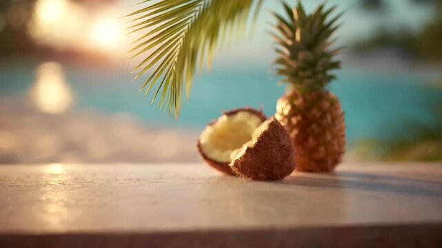 Summer hot vibe lifestyle. A closeup shot of a tropical setting shows a pineapple and a coconut on a sandy beach. The pineapple is positioned to the right.
