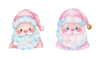 Naklejka premium Cute Pastel Watercolor Santa Claus Portraits with Pink Christmas Hats