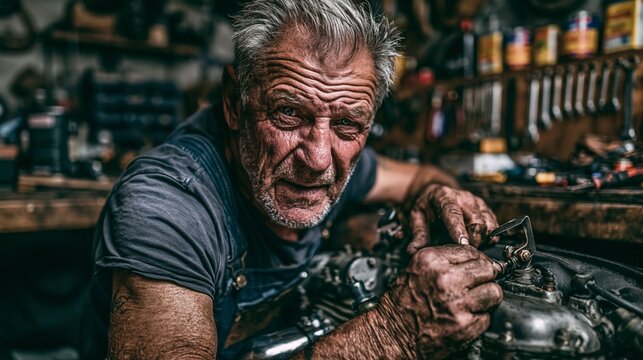 Man working on a vintage motorcycle in his garage
