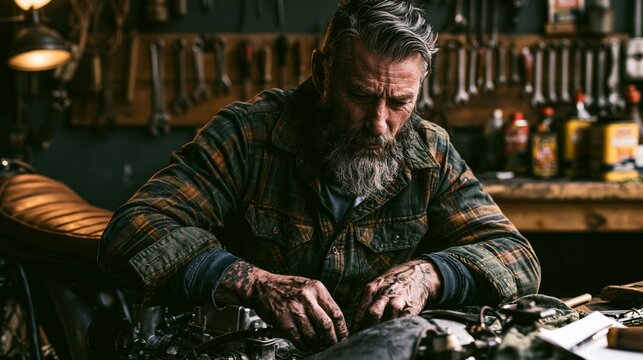 Man working on a vintage motorcycle in his garage