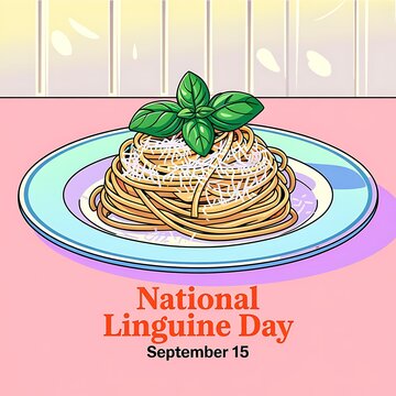 National linguine day graphic illustration featuring pasta plate and basil leaves linguine spaghetti illustration