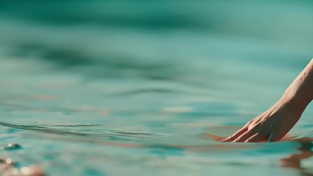 Summer hot vibe lifestyle. A closeup shot of a persons hand gently touching the water surface. The water is a vibrant turquoise, with gentle ripples that reflect the light.