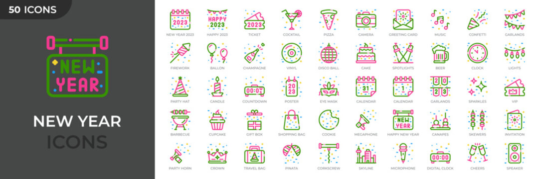 Set of 50 new year colored outline icons. Set of celebration icons. Containing fireworks, celebration, party, countdown and more. Vector illustration