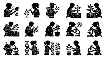 Fototapeta premium Kids Science Nature Exploration Silhouette Icon Set: Biology, Botany, Genetics, Microscopy Education