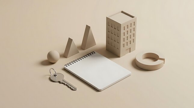 Minimalist real estate concept featuring a model building, a notepad, and a key, symbolizing a professional approach to a 1031 exchange strategy