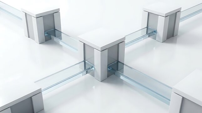 Abstract illustration representing a 1031 exchange concept with interconnected structural blocks and glass bridges showing investment property transfer
