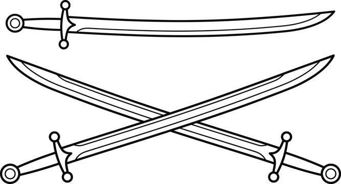 Curved Saber and Crossed Sword Outline Icon Set Line Art Collection
