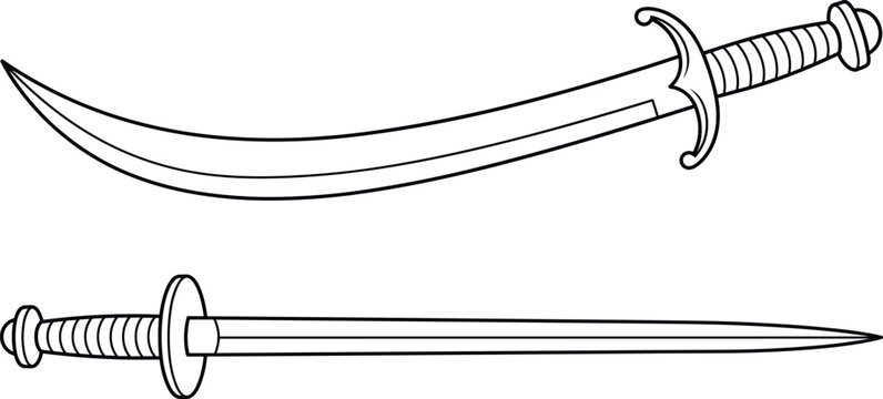 Medieval Saber and Sword Outline Icon Set Hand Drawn Line Art