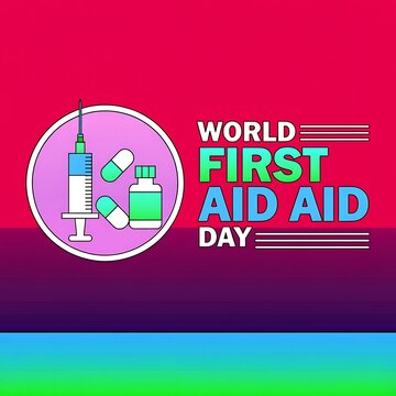 World first aid day medical banner illustration featuring syringe pills bottle and red background, healthcare