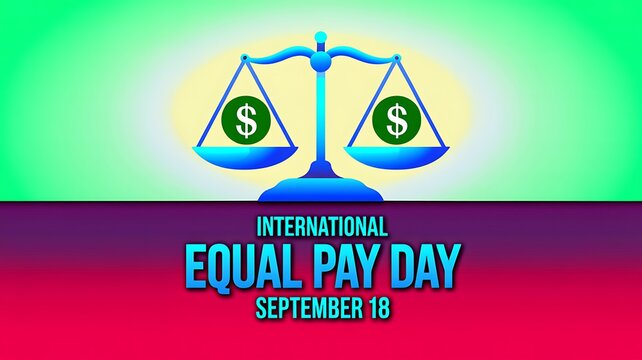 International equal pay day financial equality concept featuring scales of justice and dollar symbols on colorful