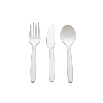Set of white plastic cutlery including fork, knife, and spoon isolated on transparent background