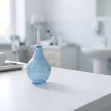 Blue medical enema bulb on white clinic table, rubber nasal aspirator for infant care, sterile healthcare equipment in hospital