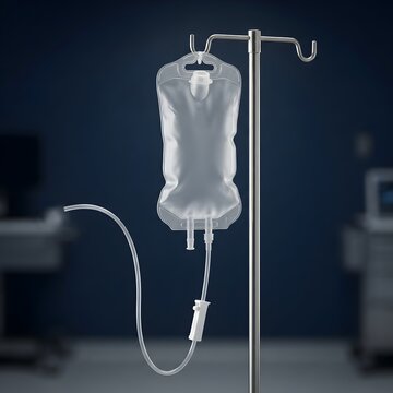 Medical IV drip bag on metal stand, saline solution infusion for hospital patient care, intravenous fluid therapy in clinic