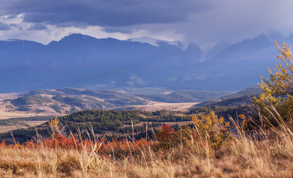 Mountain autumn landscape, contrasting evening light, cloudy