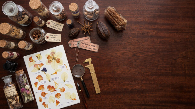 Top down view of Kew Gardens botanical specimen jars and brass calipers on mahogany