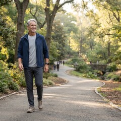 Fototapeta premium A fit, smiling man in activewear strolls along a park path shaded by mature trees, enjoying a refreshing morning walk amidst lush greenery and dappled sunlight.