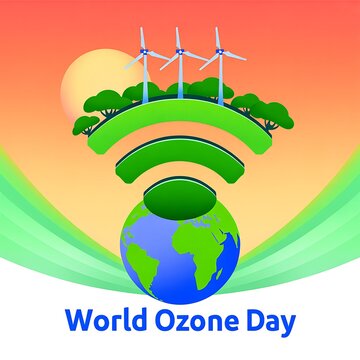 World ozone day environmental concept illustration with globe wind turbines and trees environment sustainable