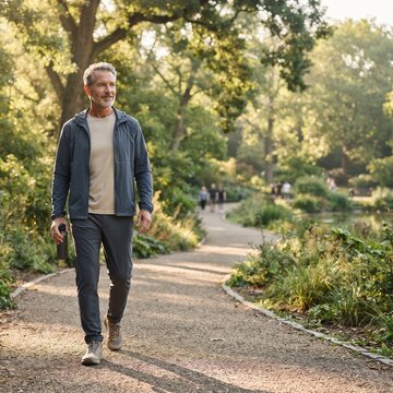 A mature man with graying hair and a beard enjoys a leisurely walk on a scenic park path, surrounded by lush greenery and dappled sunlight.