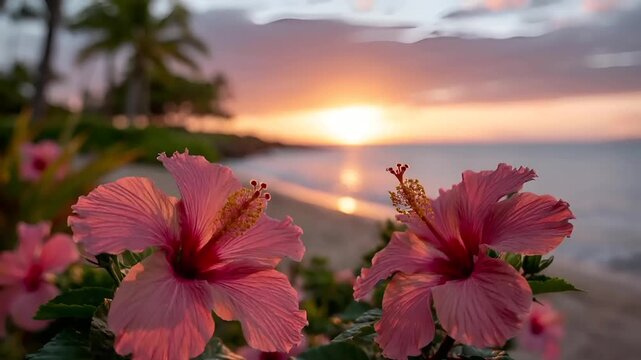 Summer hot vibe lifestyle. A vivid portrayal of a tropical beach scene at sunset. The main subject is two large, vibrant pink hibiscus flowers with a deep red center and yellow stamens.