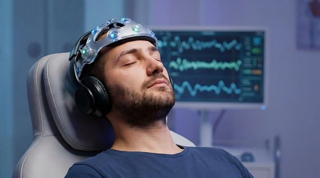 Man wearing brain computer interface headset