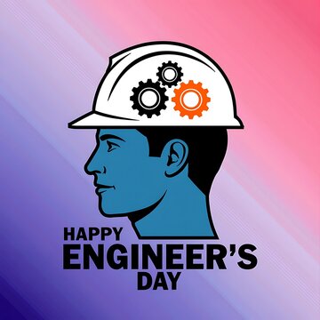 Happy engineer's day profile illustration of a professional worker wearing a hard hat decorated with mechanical gears