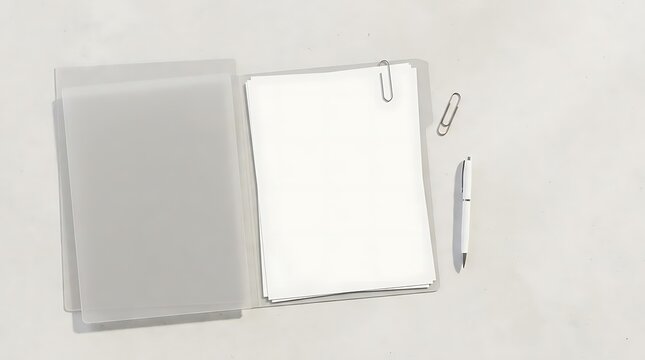 A minimalist white folder with aca plans on white paper, featuring a sleek pen and paper clips on a clean desk surface, professional business background