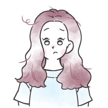 髪の毛に悩みを抱えた女性のイラスト　切れ毛・枝毛・抜け毛