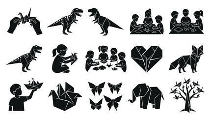 Fototapeta premium Origami Art Icons: Children Making Paper Crafts, Animals, More