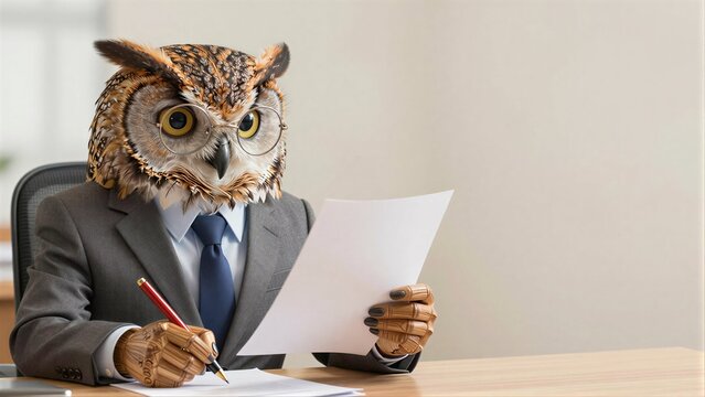 Owl in suit, glasses, writes documents at desksmart, professional, focused.