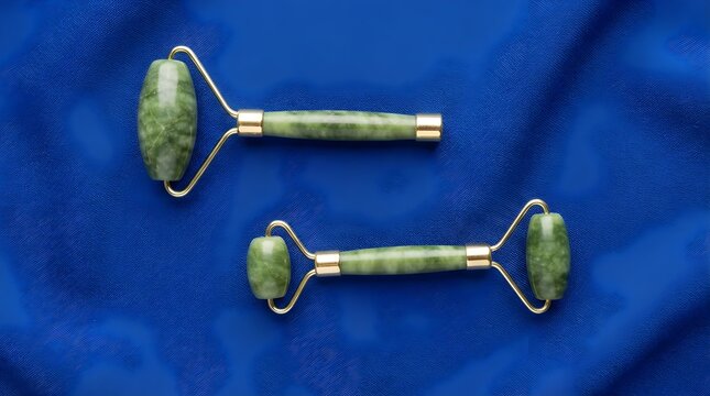 Green jade facial roller set on blue fabric background, natural stone massage tools for skincare, luxury beauty wellness accessories