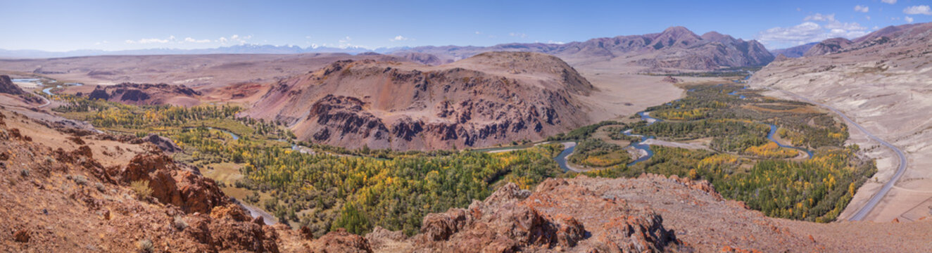Colored mountains in the south of Altai, mongolian landscapes, early autumn, panoramic