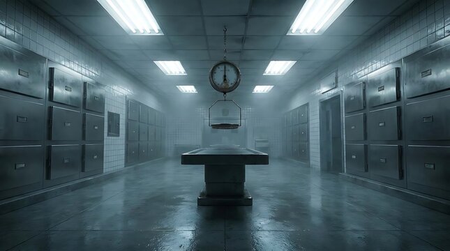 Empty morgue room with autopsy table and metal lockers