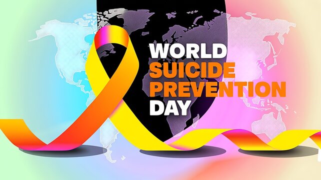 World suicide prevention day awareness graphic featuring a symbolic awareness ribbon and global map background