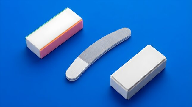 Professional nail buffer blocks and emery board, manicure tools on blue background, beauty salon equipment for hand care